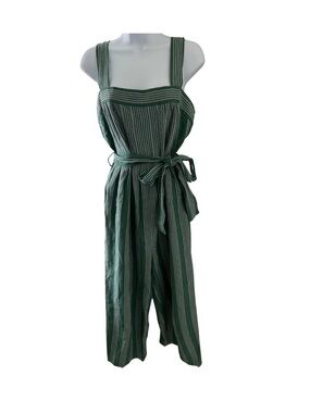 Payal Pratap Anthropologie Green Striped Cotton Linen Wide Leg Jumpsuit Size 4